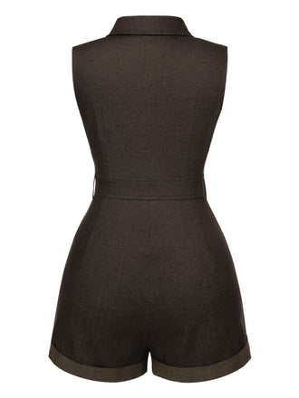Braun 1970er Solide Ärmellos Denim Romper