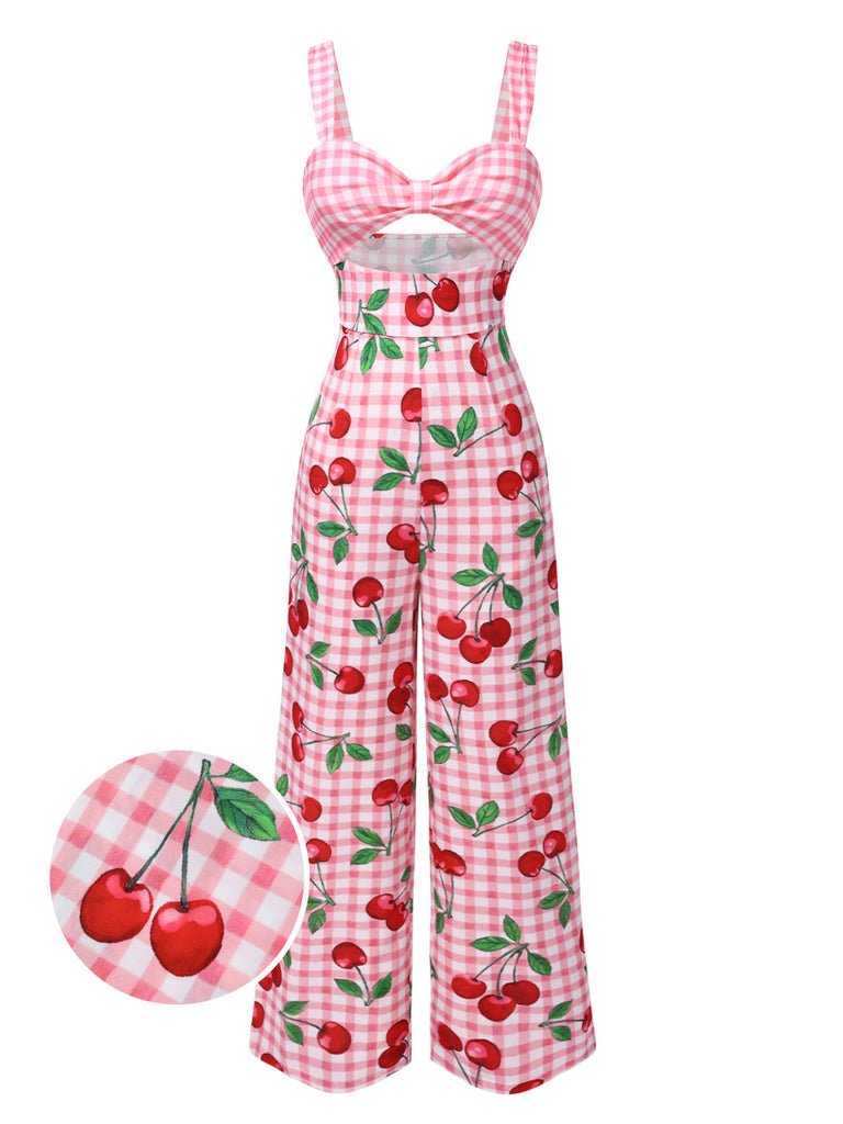 [Vorverkauf] Rosa 1960er Gingham Kirsche Hohl Jumpsuit