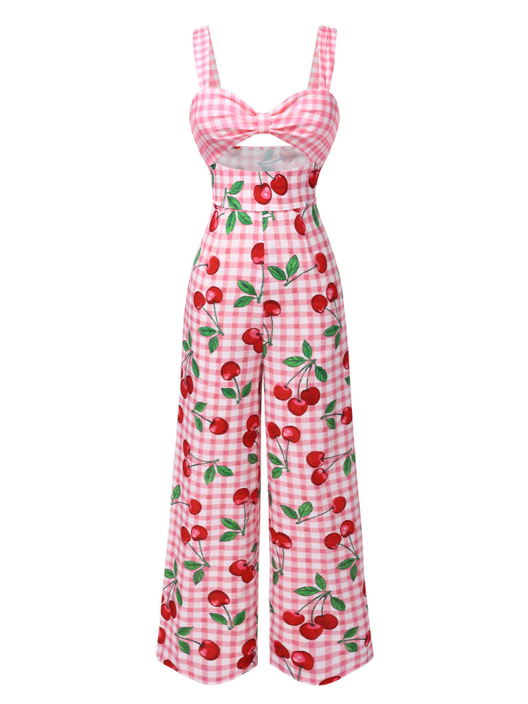 [Vorverkauf] Rosa 1960er Gingham Kirsche Hohl Jumpsuit