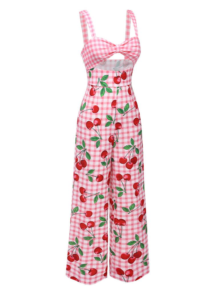 [Vorverkauf] Rosa 1960er Gingham Kirsche Hohl Jumpsuit