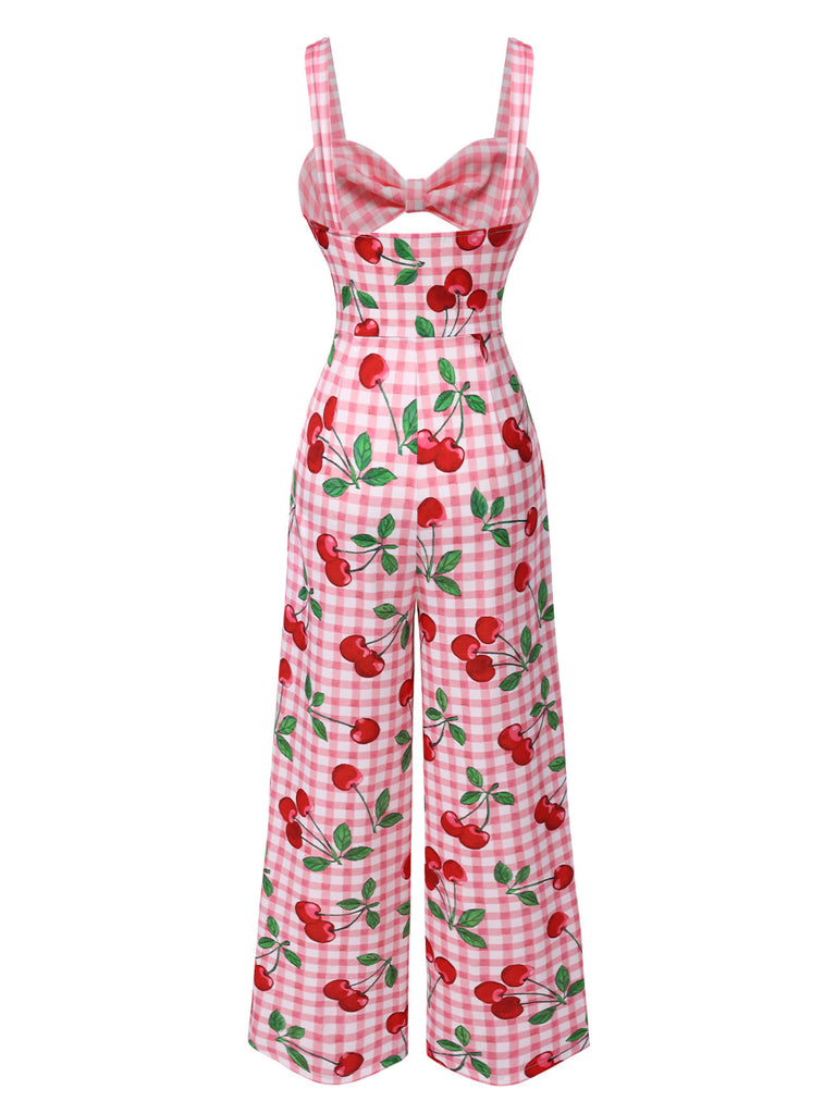 [Vorverkauf] Rosa 1960er Gingham Kirsche Hohl Jumpsuit