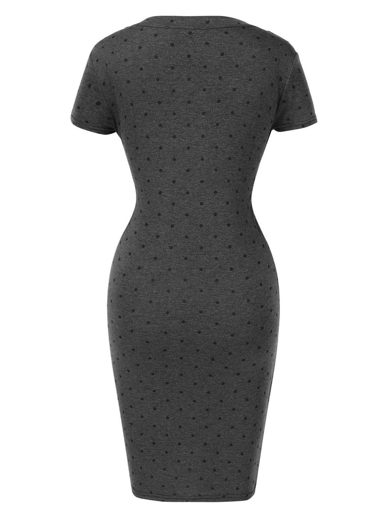Grau 1960er Tupfen V-Ausschnitt Enges Kleid