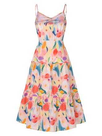 1970er Träger Aquarell Blumen Gerüschtes Stufen Kleid