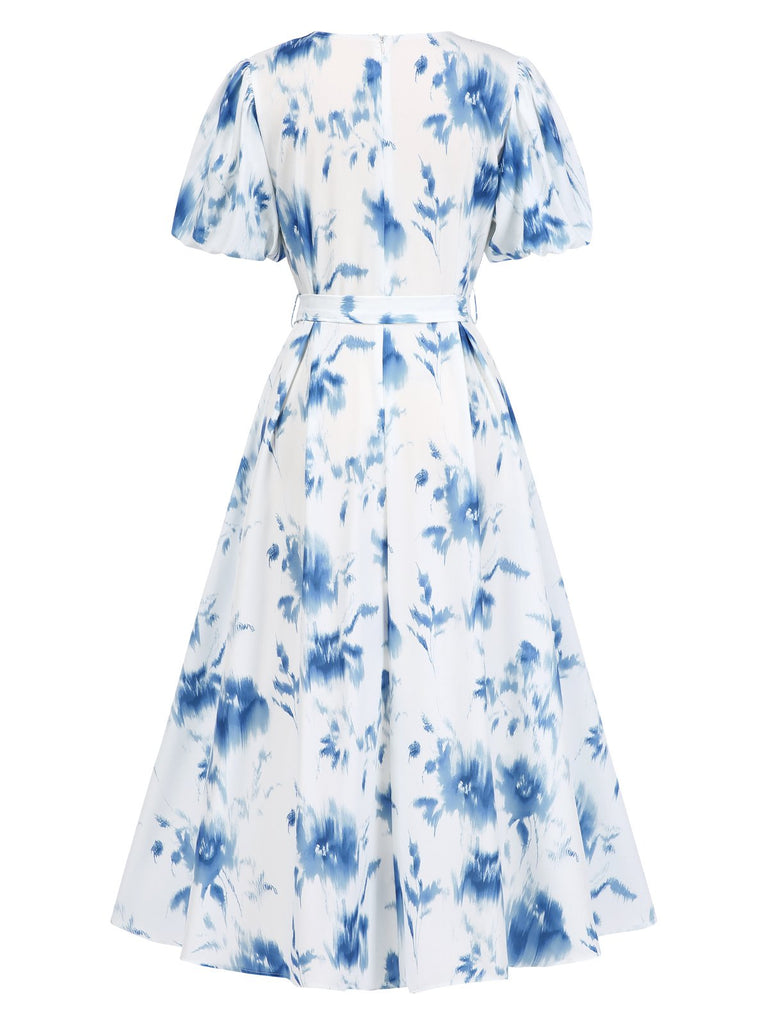 Hellblau 1950er Batik Puff V-Ausschnitt Swing Kleid
