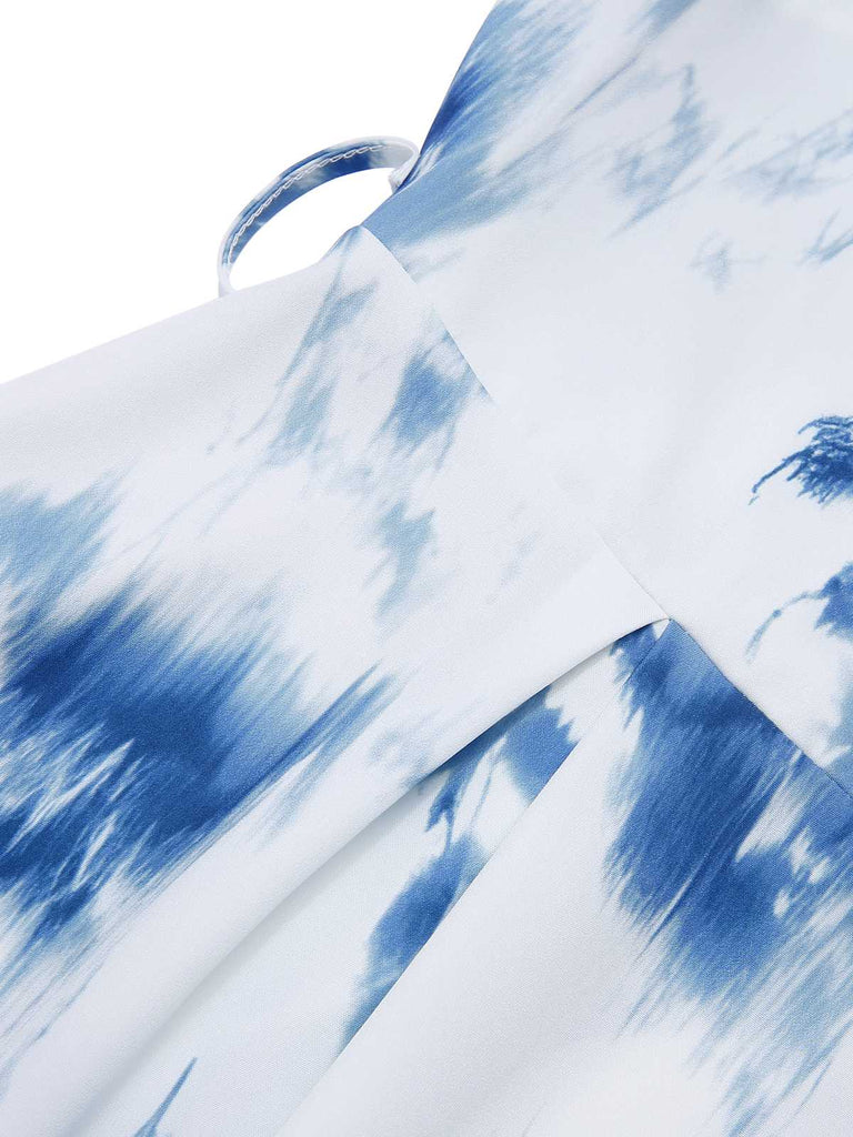 Hellblau 1950er Batik Puff V-Ausschnitt Swing Kleid