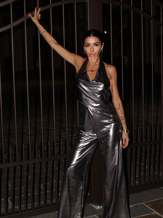 Silber 1970er V-Ausschnitt Halter Pailletten Jumpsuit