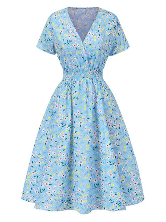 Himmelblau 1950er Blumen V-Ausschnitt Gesmokt Kleid