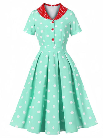 Türkis 1950er Patchwork Polka Dots Kleid