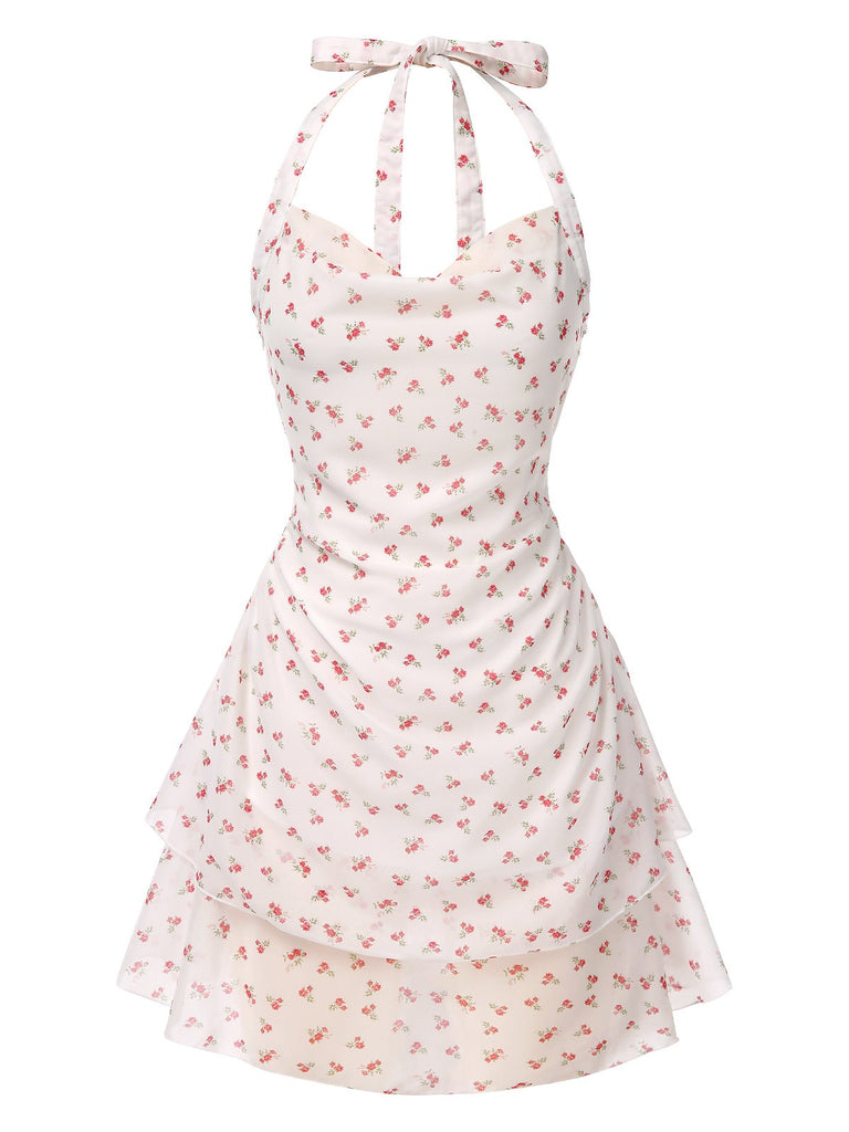 Weiß 1960er Kleine Blumen Herzförmiger Halter Kleid