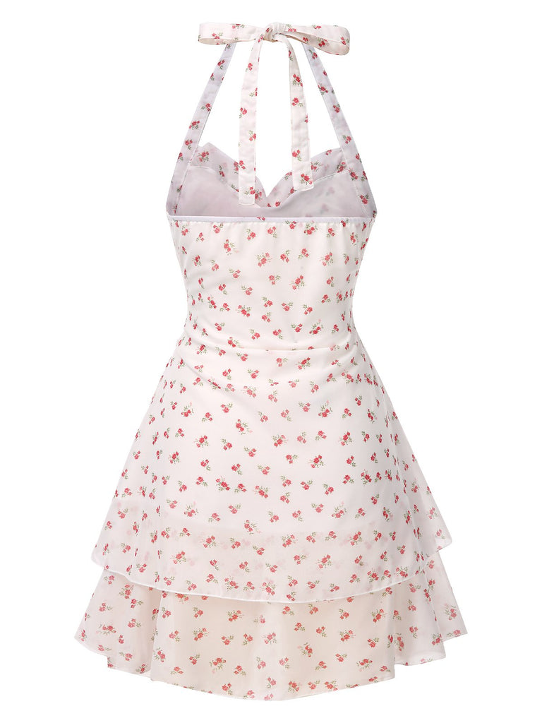 Weiß 1960er Kleine Blumen Herzförmiger Halter Kleid
