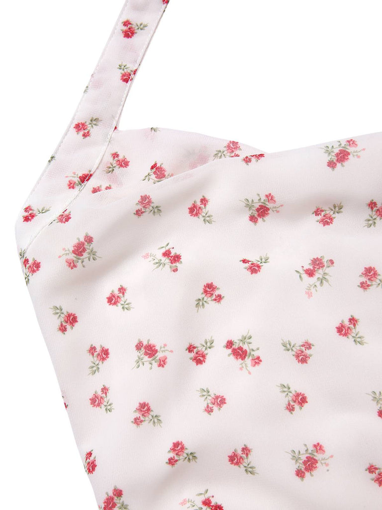 Weiß 1960er Kleine Blumen Herzförmiger Halter Kleid