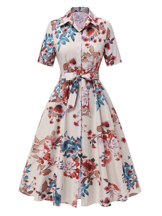Aprikose 1940er Blumen Gürtel Revers Kleid