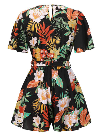 1970er V-Ausschnitt Boho Blumen Gürtel Romper