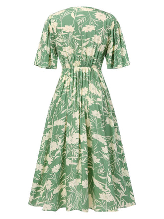 Grün 1940er V-Ausschnitt Silhouette Blumen Kleid