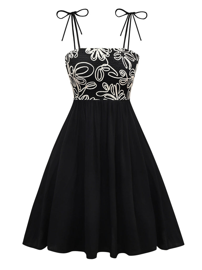 Schwarz 1950er Blumen Texturiert Spaghetti Träger Kleid