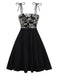 Schwarz 1950er Blumen Texturiert Spaghetti Träger Kleid