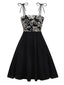 Schwarz 1950er Blumen Texturiert Spaghetti Träger Kleid