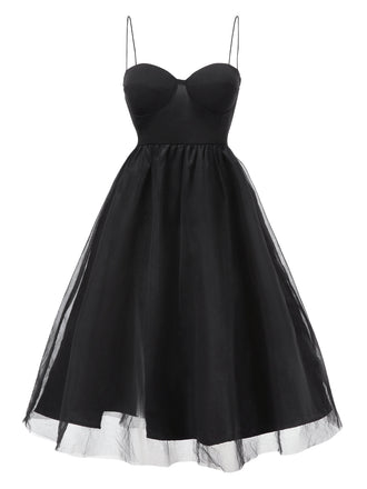 Schwarz 1950er Solide Spaghetti Träger Netz Kleid