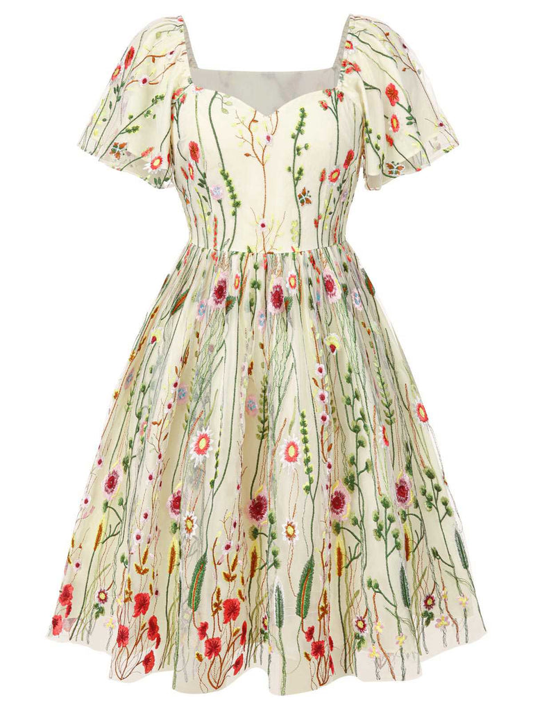 [Vorverkauf] [Übergröße] Multicolor 1940er Blumen Stickerei Rüschenärmel Kleid