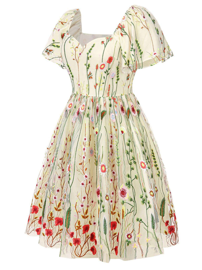 [Vorverkauf] [Übergröße] Multicolor 1940er Blumen Stickerei Rüschenärmel Kleid