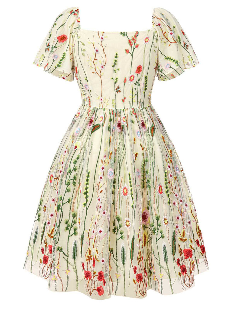 [Vorverkauf] [Übergröße] Multicolor 1940er Blumen Stickerei Rüschenärmel Kleid
