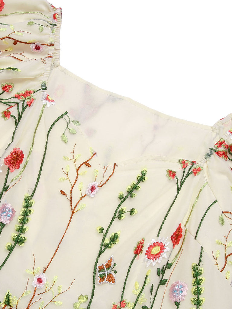 [Vorverkauf] [Übergröße] Multicolor 1940er Blumen Stickerei Rüschenärmel Kleid