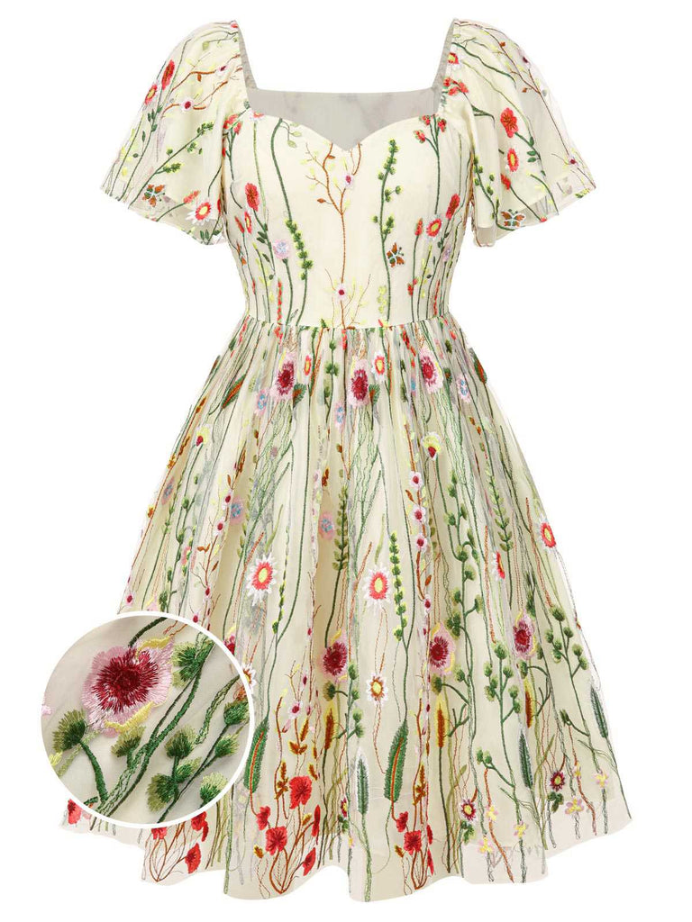 [Vorverkauf] [Übergröße] Multicolor 1940er Blumen Stickerei Rüschenärmel Kleid