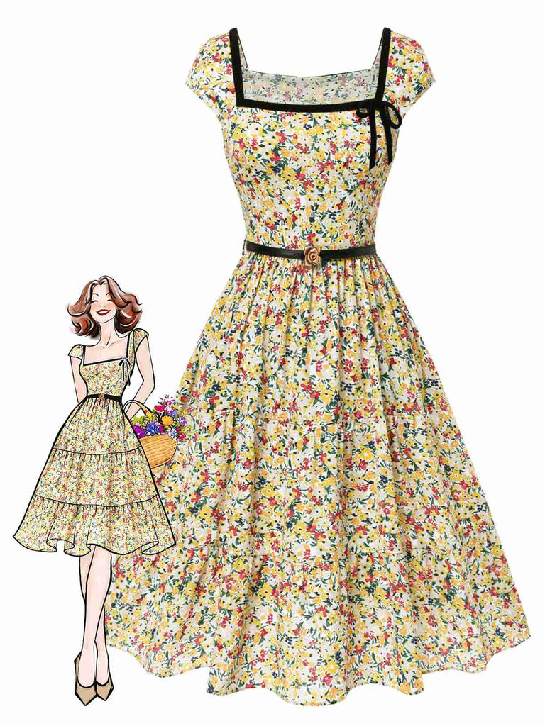[Vorverkauf] Multicolor 1950er Kleine Blumen Quadratischer Hals Gürtel Kleid