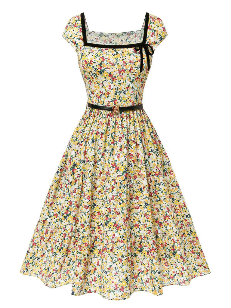 [Vorverkauf] Multicolor 1950er Kleine Blumen Quadratischer Hals Gürtel Kleid