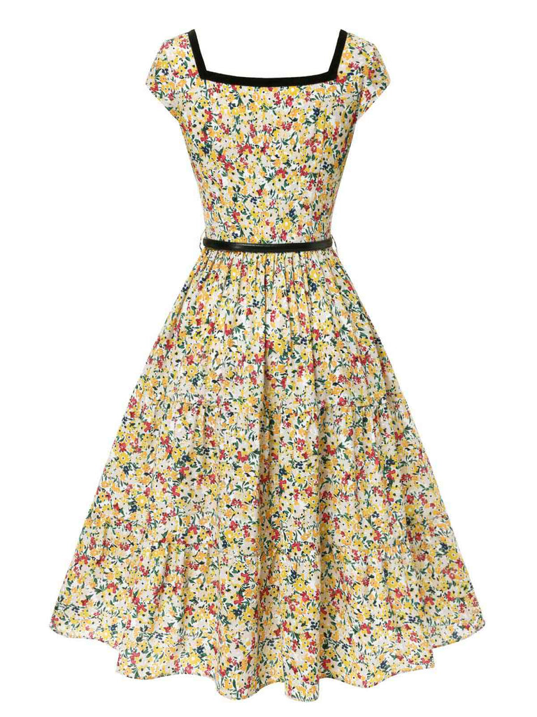 [Vorverkauf] Multicolor 1950er Kleine Blumen Quadratischer Hals Gürtel Kleid