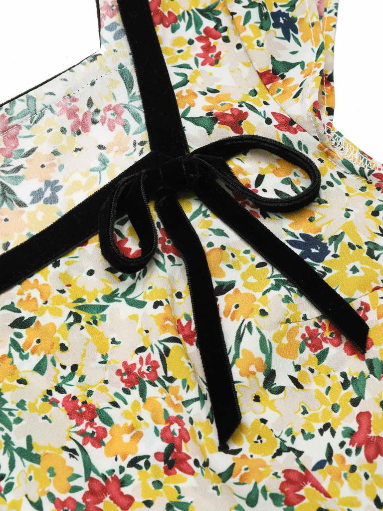 [Vorverkauf] Multicolor 1950er Kleine Blumen Quadratischer Hals Gürtel Kleid