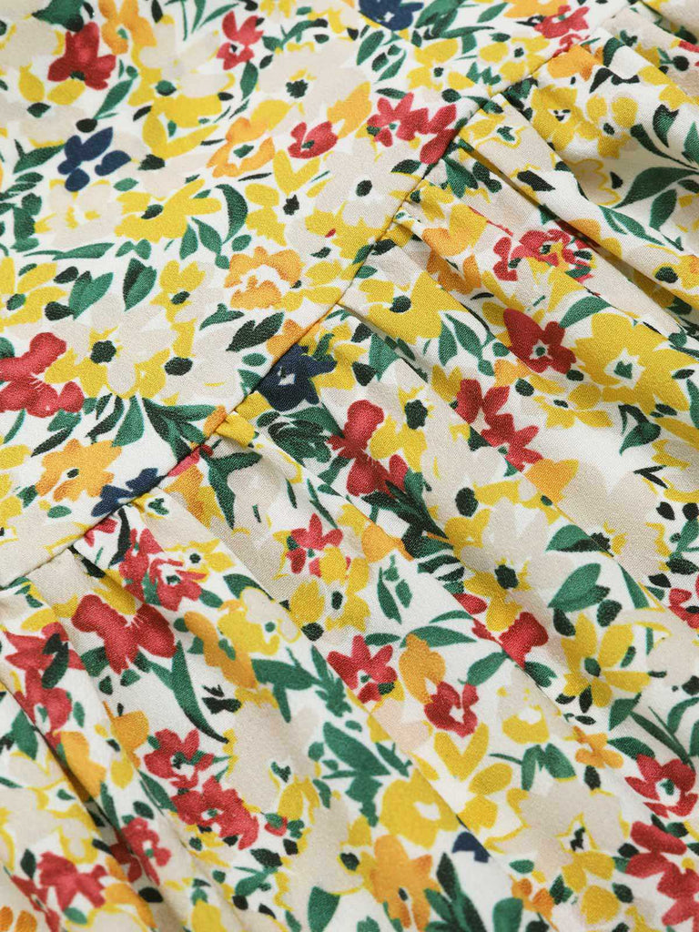 [Vorverkauf] Multicolor 1950er Kleine Blumen Quadratischer Hals Gürtel Kleid