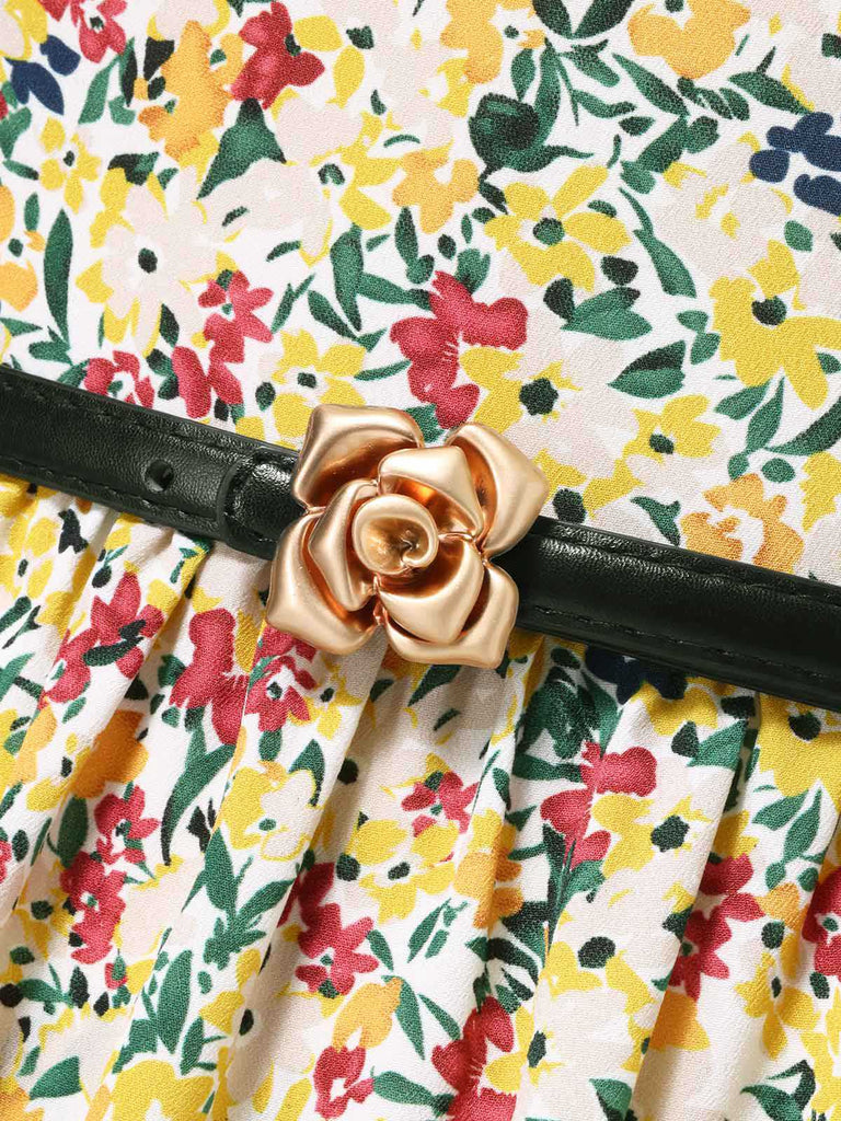 [Vorverkauf] Multicolor 1950er Kleine Blumen Quadratischer Hals Gürtel Kleid