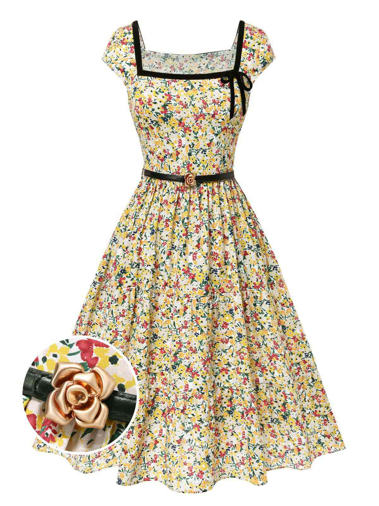 [Vorverkauf] Multicolor 1950er Kleine Blumen Quadratischer Hals Gürtel Kleid
