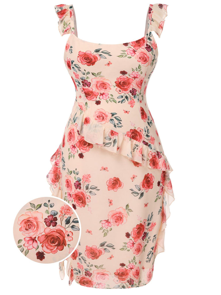 [Vorverkauf] [Übergröße] Beige 1930er Rüschen Schlitz Rose Kleid