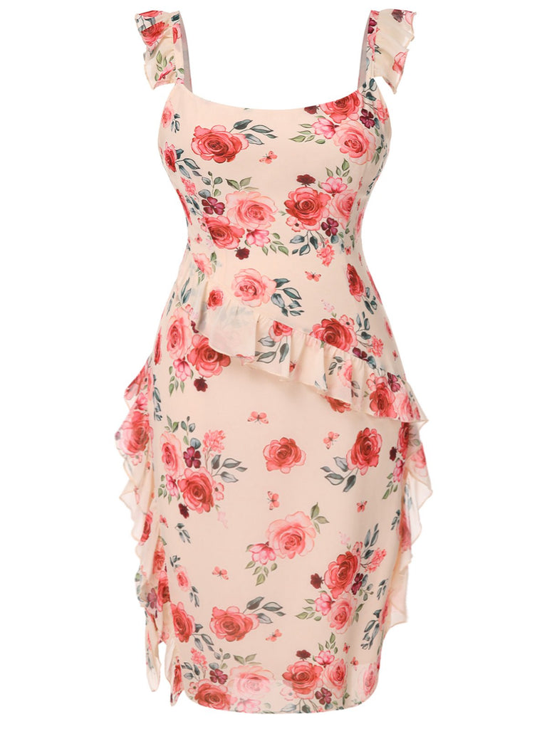 [Vorverkauf] [Übergröße] Beige 1930er Rüschen Schlitz Rose Kleid