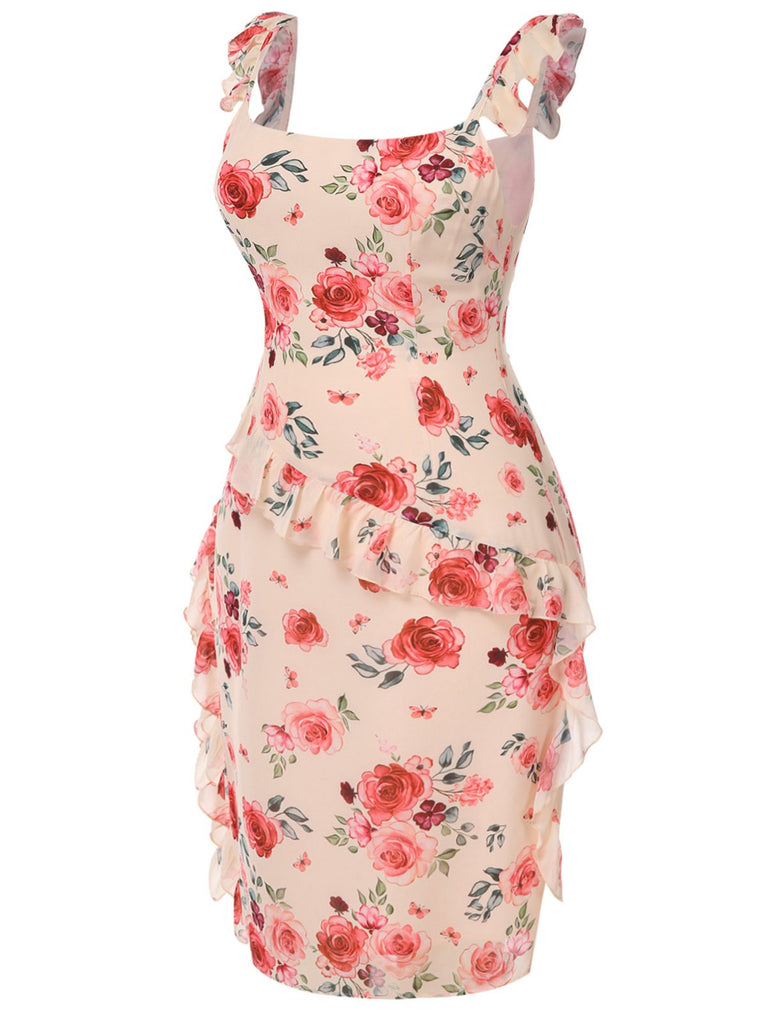 [Vorverkauf] [Übergröße] Beige 1930er Rüschen Schlitz Rose Kleid