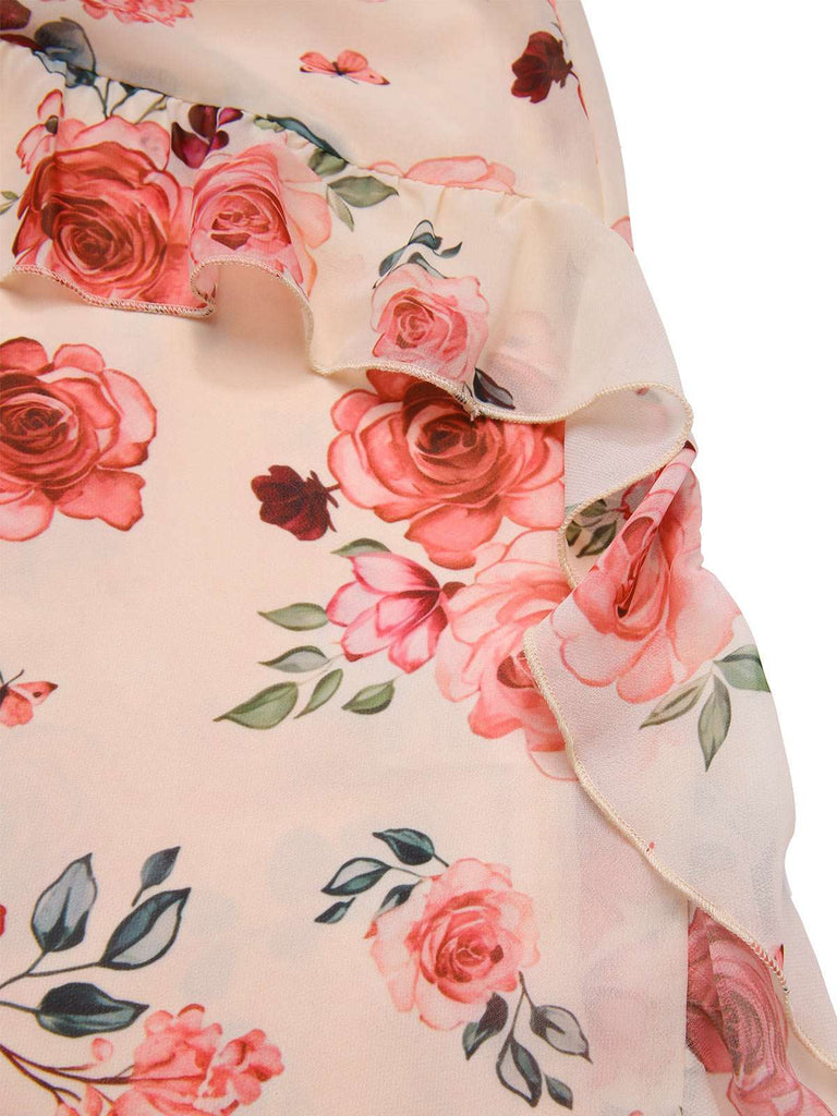 [Vorverkauf] [Übergröße] Beige 1930er Rüschen Schlitz Rose Kleid