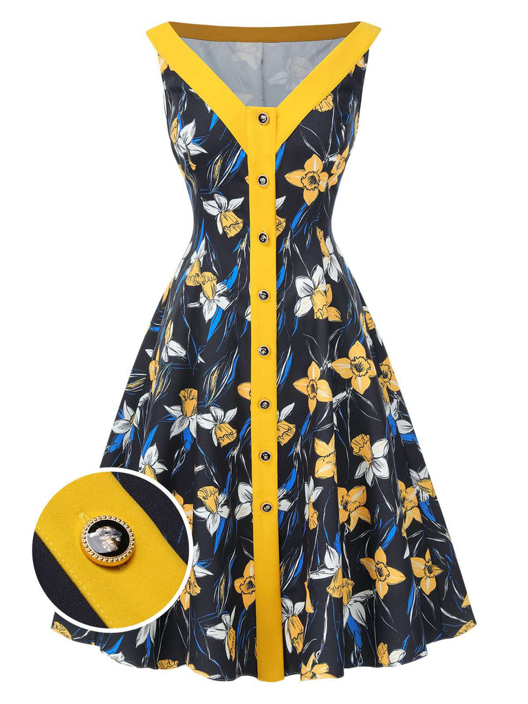 [Vorverkauf] Gelb 1950er Schulterfrei Blumen Patchwork Kleid