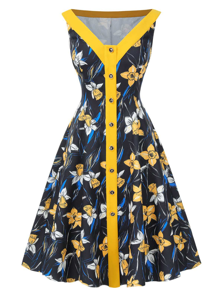 [Vorverkauf] Gelb 1950er Schulterfrei Blumen Patchwork Kleid