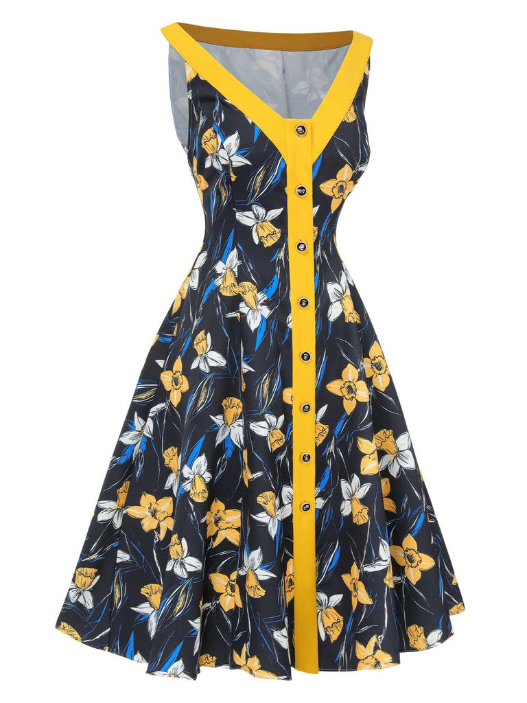 [Vorverkauf] Gelb 1950er Schulterfrei Blumen Patchwork Kleid