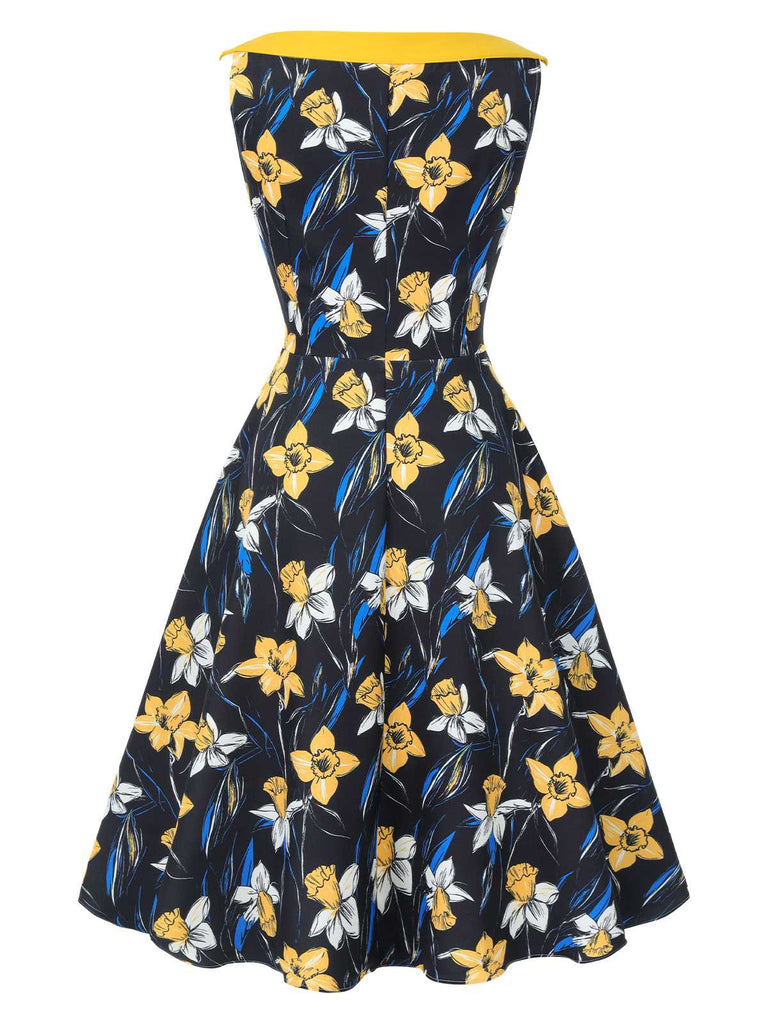 [Vorverkauf] Gelb 1950er Schulterfrei Blumen Patchwork Kleid