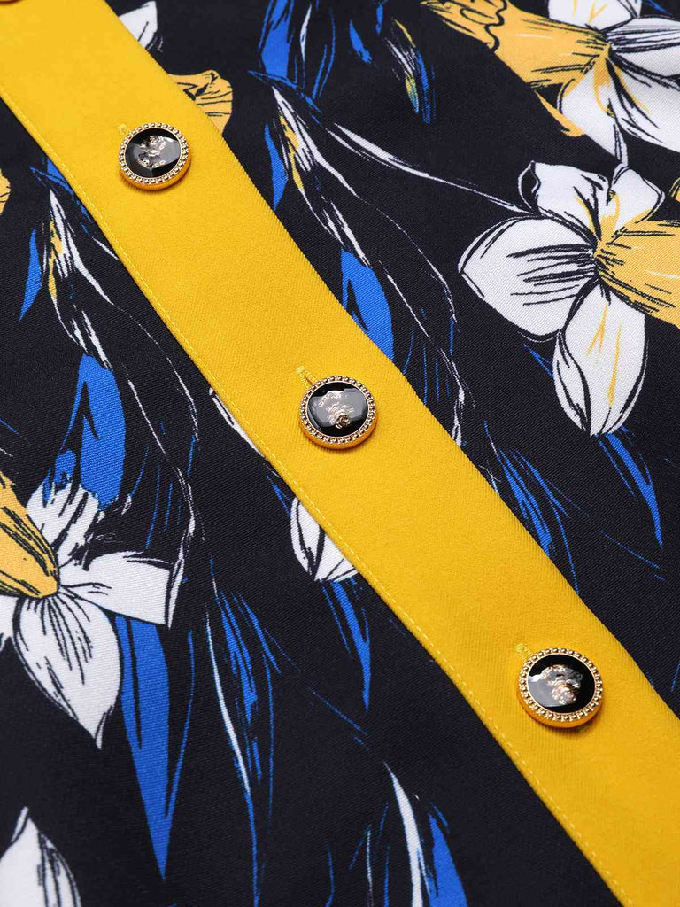 [Vorverkauf] Gelb 1950er Schulterfrei Blumen Patchwork Kleid