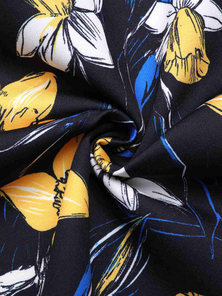 [Vorverkauf] Gelb 1950er Schulterfrei Blumen Patchwork Kleid