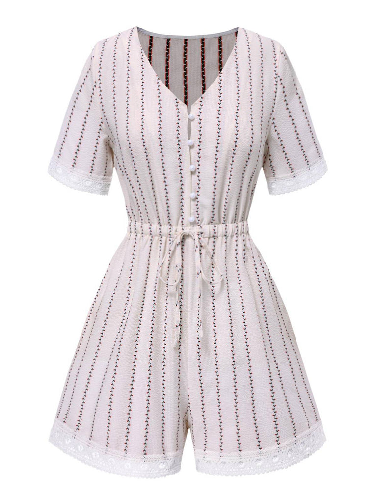 [Vorverkauf] Cremeweiß 1940er Blumen Spitze V-Ausschnitt Romper