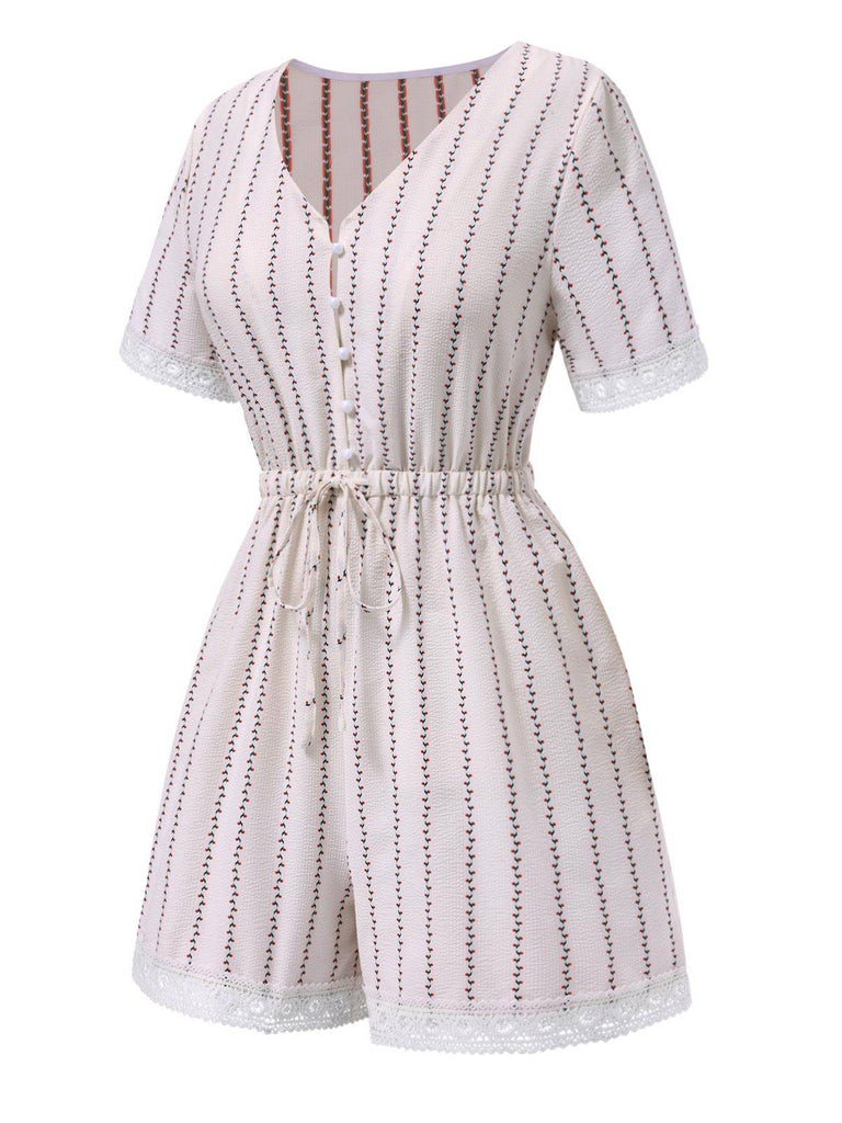 [Vorverkauf] Cremeweiß 1940er Blumen Spitze V-Ausschnitt Romper