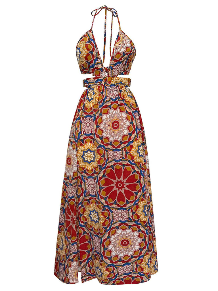 Multicolor 1970er Blumen Bohemien Halter Kleid