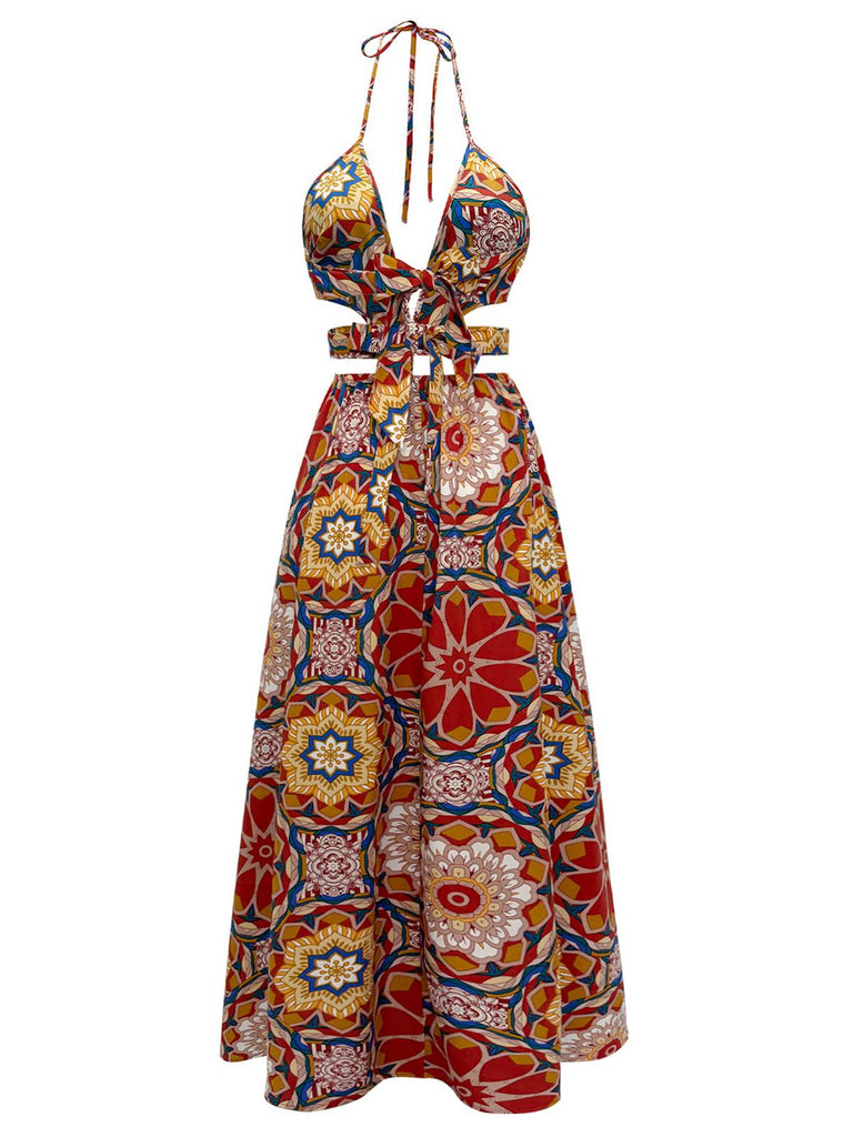 Multicolor 1970er Blumen Bohemien Halter Kleid