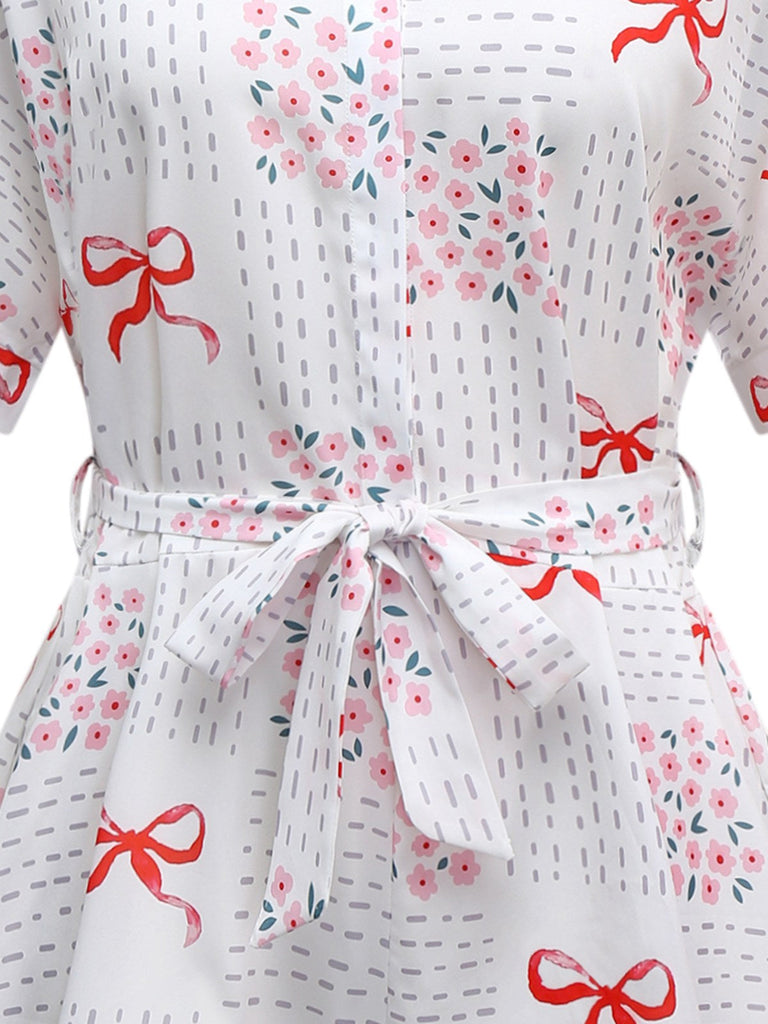 Rosa & Weiß 1950er Bogen & Blumen Gürtel Revers Romper
