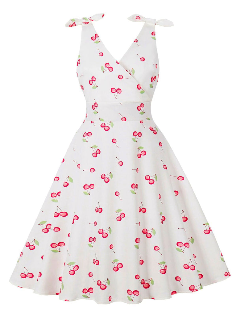 Weiß 1950er Kirsche Ärmellos V-Ausschnitt Kleid